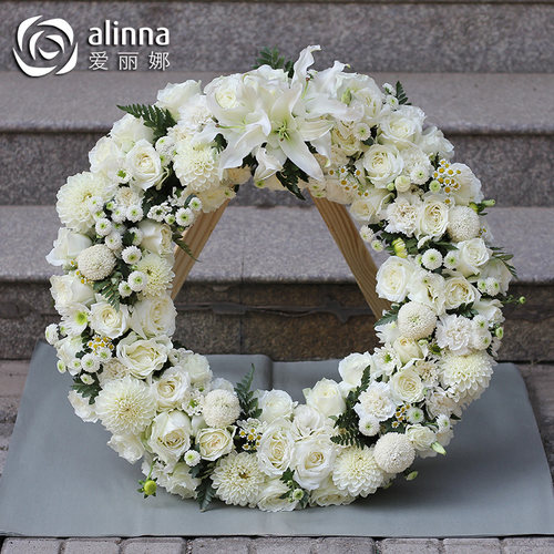 丧事花篮祭奠花圈追悼会黄白菊鲜花白事祭祀殡葬用品菊花北京同城 - 图0