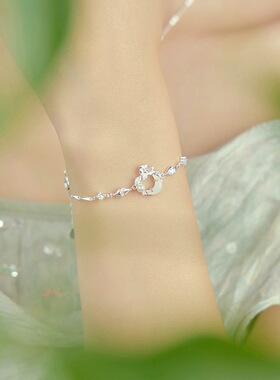 原创莲花皎月手链女925纯银复古新中式和田玉珍珠手环古风手饰品