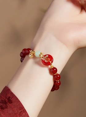 新中式和田玉红玛瑙平安扣好运锦鲤手串女复古轻奢高级感手链饰品