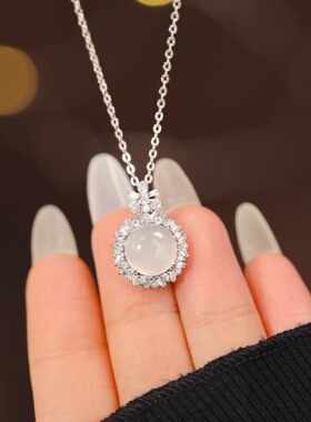 满钻花朵新中式白冰玉髓吊坠s925纯银项链轻奢气质锁骨链节日礼物