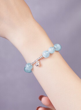 足银999小铃铛海蓝宝串珠手串女新中式精致小众高级设计感手饰品
