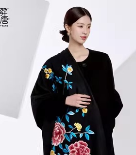 羿唐丝绸原创设计丝巾【满枝 牡丹】苏州纯手工刺绣披肩高定围巾