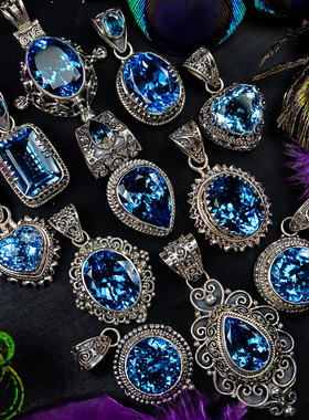 尼泊尔收藏级蓝托帕石复古大吊坠