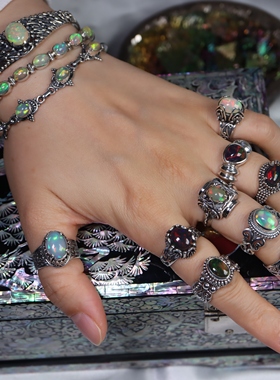 手工欧泊戒指女S925纯银复古宫廷