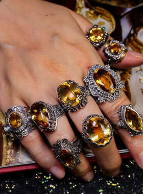 尼泊尔复古黄水晶手工纯银戒指女