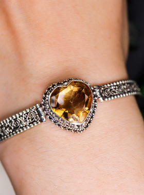 天然黄紫水晶纯银手镯手链复古风