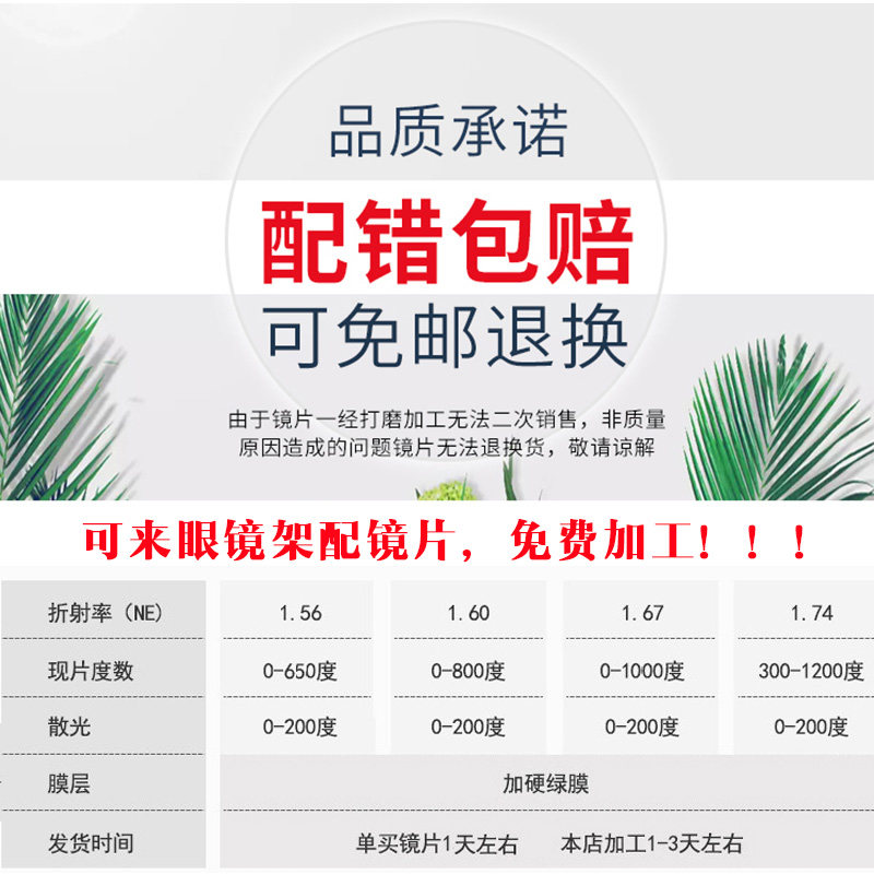 两片价1.56 1.67 1.74超薄非球面防辐射防蓝光抗疲劳树脂近视镜片