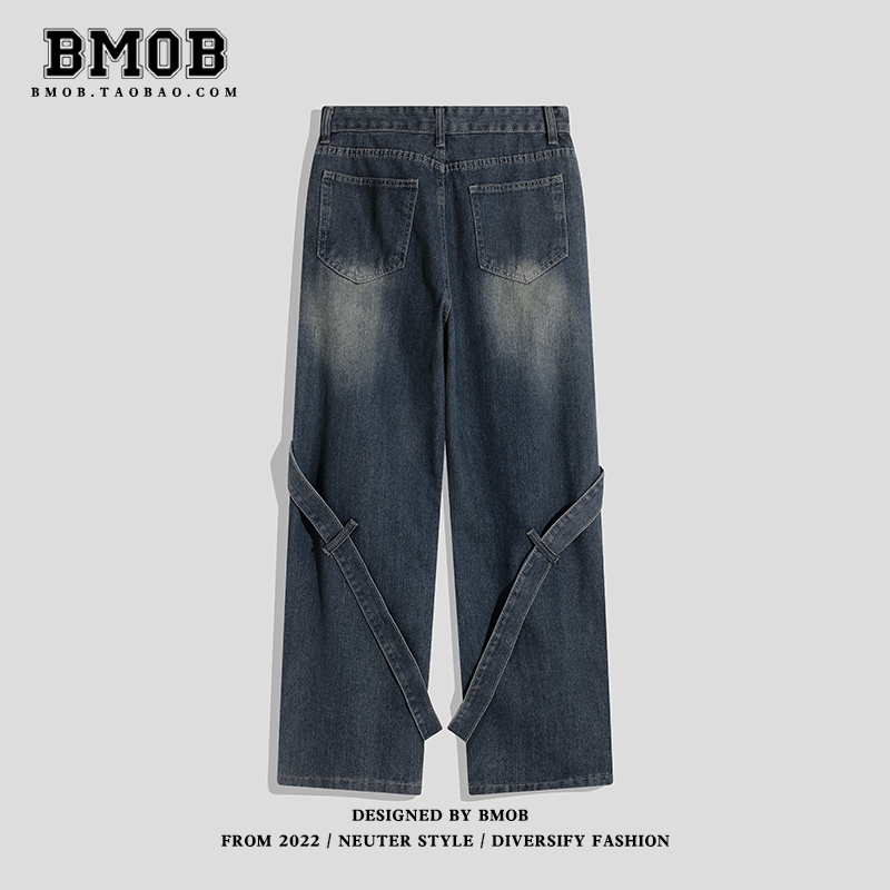 BMOB潮牌美式高街vibe休闲复古渐变金属装饰拼接设计感宽松牛仔裤
