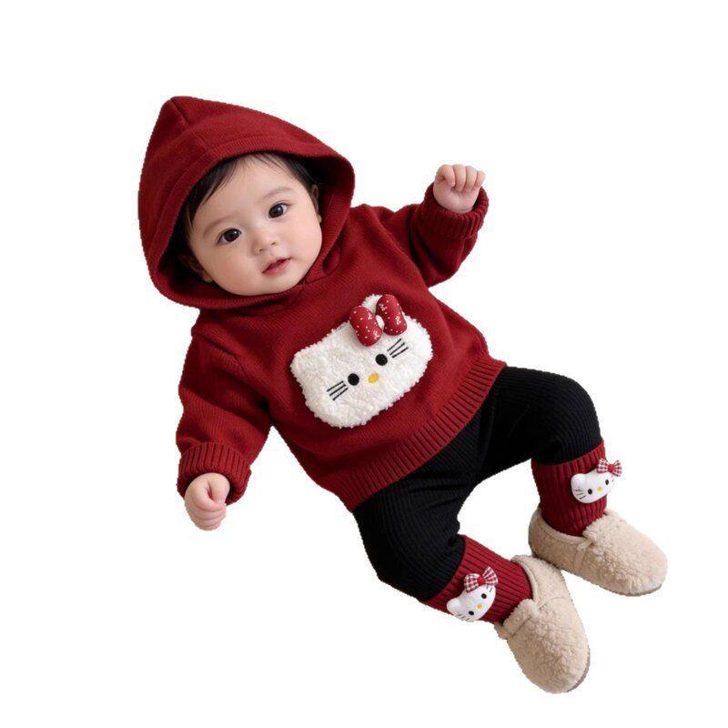 新品0-2岁春秋针织毛线衣服二件套 女宝红色连帽喜庆抓周满月套装,淘宝优惠券,粉丝福利购,淘宝优惠卷