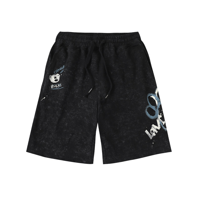 LAMLICKA熊掌仿水洗黑色短裤男宽松休闲百搭中裤美式运动五分裤,淘宝优惠券,粉丝福利购,淘宝优惠卷