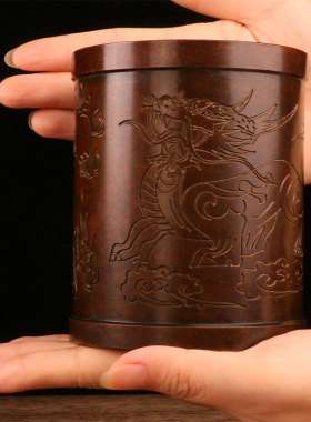 做旧仿古风居家桌面圆形貔貅笔筒