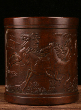 仿古风马到成功黄铜笔筒摆件