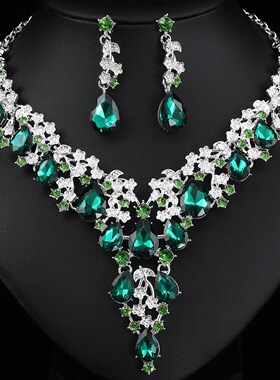 高级感水晶宝石新娘礼服首饰套装时尚百搭水滴锁骨项链耳环配饰品