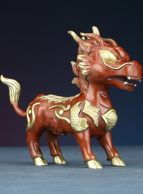 中式彩铜麒麟瑞兽萌版摆件