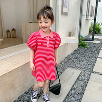 Primary 2 Class Girls Dress Summer 2022 New Western Pie Striped PoloT Shirt Skirt Kids Summer Dress Tide