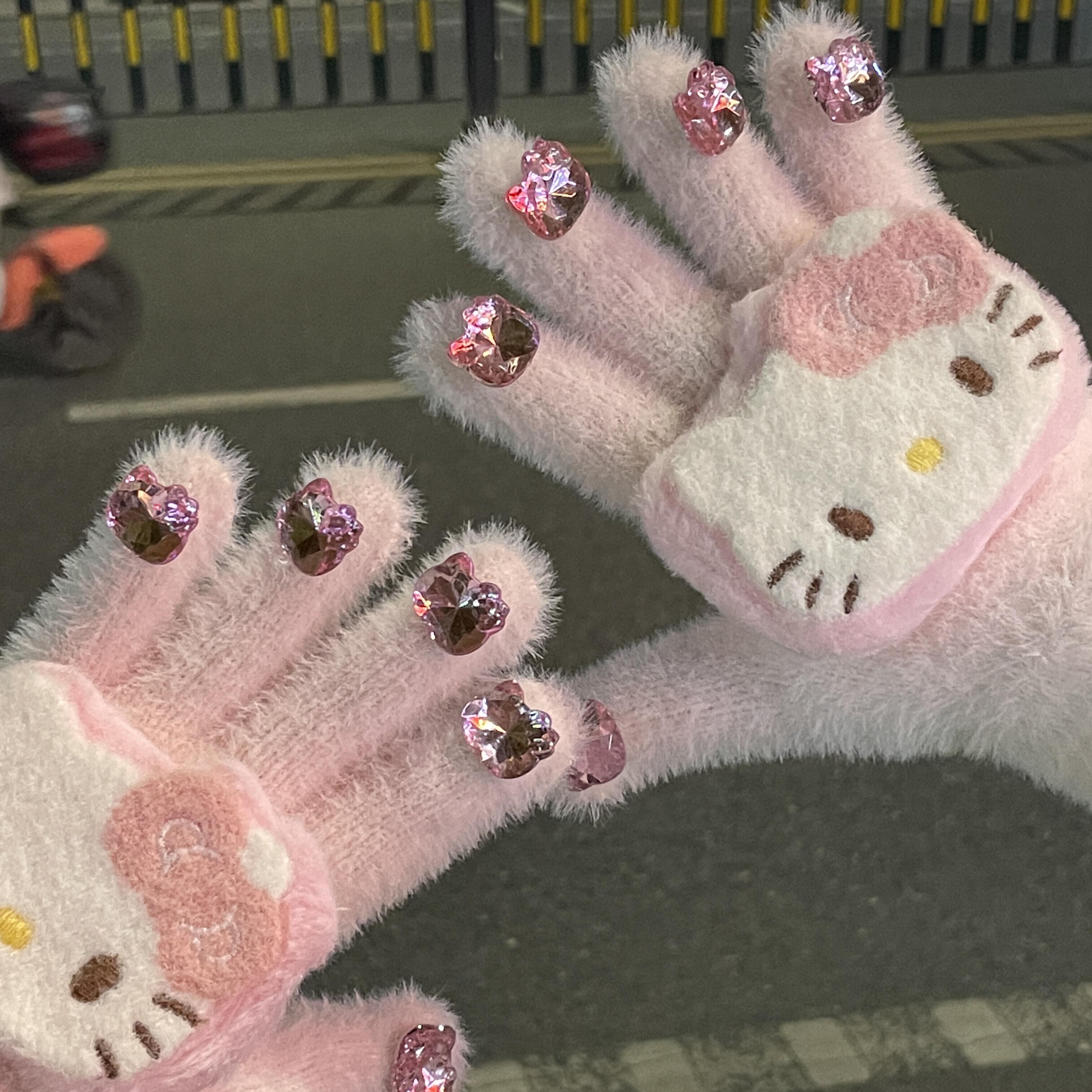 可爱KT水钻毛绒分指露指触屏儿童手套女冬季防寒防风保暖加厚,淘宝优惠券,粉丝福利购,淘宝优惠卷