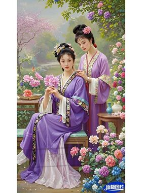 仕女图新中式玄关装饰贴画书房紫衣美女人物走廊防水自粘贴画