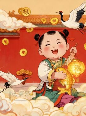 福娃年画招财童子自粘贴画装饰门窗冰箱走廊餐厅墙上麒麟锦鲤海报
