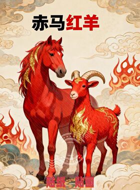 新款年画赤马红羊装饰贴纸寝室玄关客厅书房卧室床头防水自粘贴画