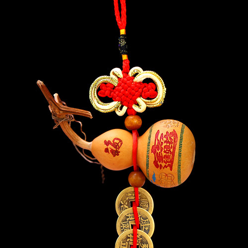 天然葫芦挂件文玩客厅雕花烙画手捻小床头葫芦手把五帝钱铜钱摆件 - 图1