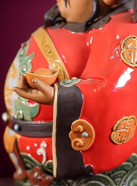 创意红袍吉祥财神爷石湾公仔陶瓷工艺品家居装饰品客厅办公室摆件