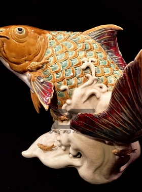 陶瓷石湾公仔创意鲤鱼风生水起商铺家居客厅装饰中式禅意摆件