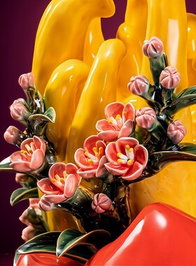 中式石湾公仔陶瓷寿桃福禄摆件