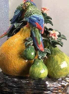 中式玄关摆件石湾陶瓷柚子鹦鹉