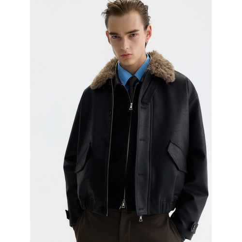 PURE2 SHEARLING LEATHER JACKET 复古肌理皮质短宽毛领棉服夹克 - 图1