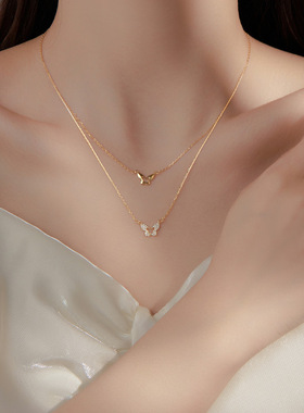 s925纯银双层蝴蝶项链女
