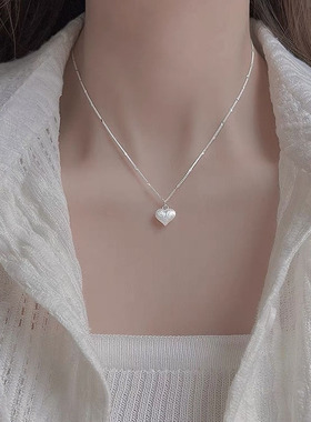 s925纯银拉丝爱心锁骨链磨砂ins