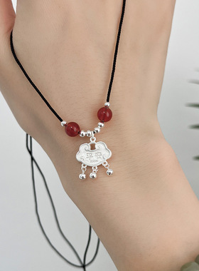 新中式长命锁项链女s999足银玛瑙