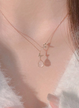 s925纯银粉玉髓蝴蝶锁骨链女纯欲