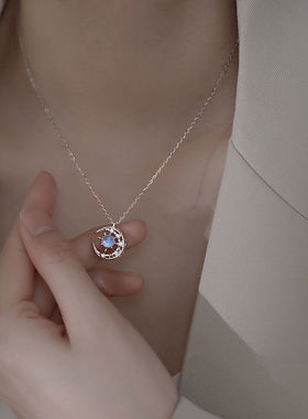 s925纯银蓝色星空月光石锁骨链女