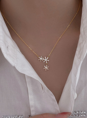 s925纯银冰晶花朵项链女高级气质