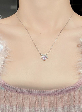 s925纯银蝴蝶结粉钻锁骨链女显白
