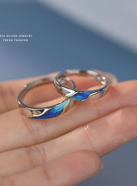 彼岸星空情侣戒指s925纯银蓝色闪粉滴胶珐琅指环潮流时尚百搭对戒