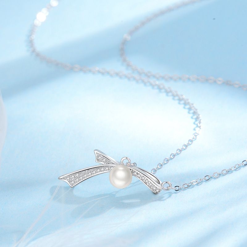 S925纯银珍爱蝴蝶结项链单边蝴蝶结珍珠锁骨链项链精致公主闪钻 - 图2