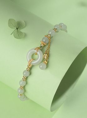 S925纯银原创竹报平安手链天然和田玉圆珠平安扣手串女新中式手链