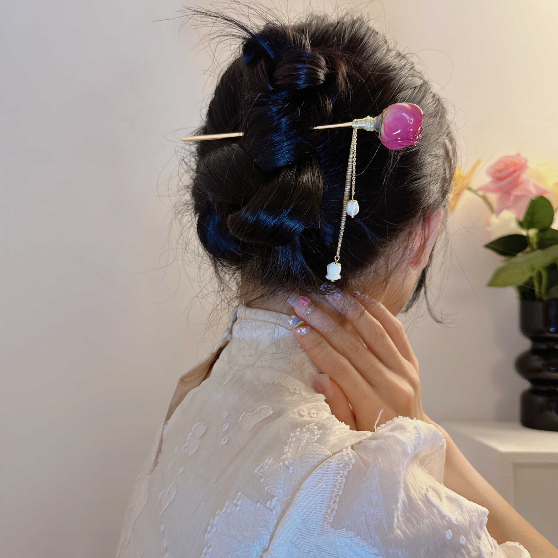 晚间玫瑰氛围感浪漫复古干花珍珠发簪女现代百搭汉服头饰日常通勤