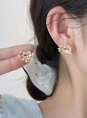 韩系锆石太阳花珍珠耳钉