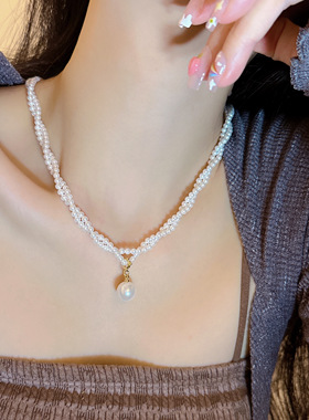 施家珍珠项链女麻花双层锁骨链