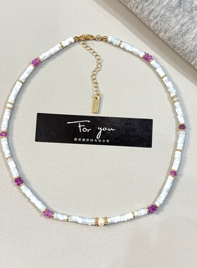 天然白蝶贝浅蓝串珠锁骨链新款