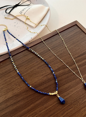 新中式国风深蓝色串珠碎银项链
