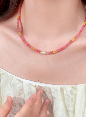 甜酷粉色天然石淡水珍珠项链