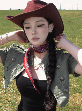 韩系复古红色腰果花丝巾系脖女