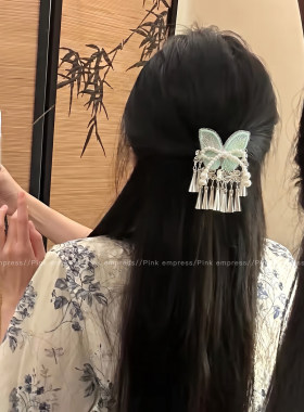 超仙蝴蝶流苏发夹女复古民族风汉服仿银铃铛鸭嘴夹半扎发发卡头饰