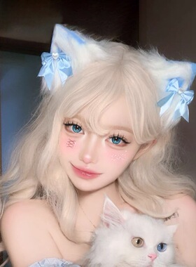 蓝色猫耳朵头饰女甜美Lolita漫展女仆发夹cos毛绒猫娘兽耳发饰卡