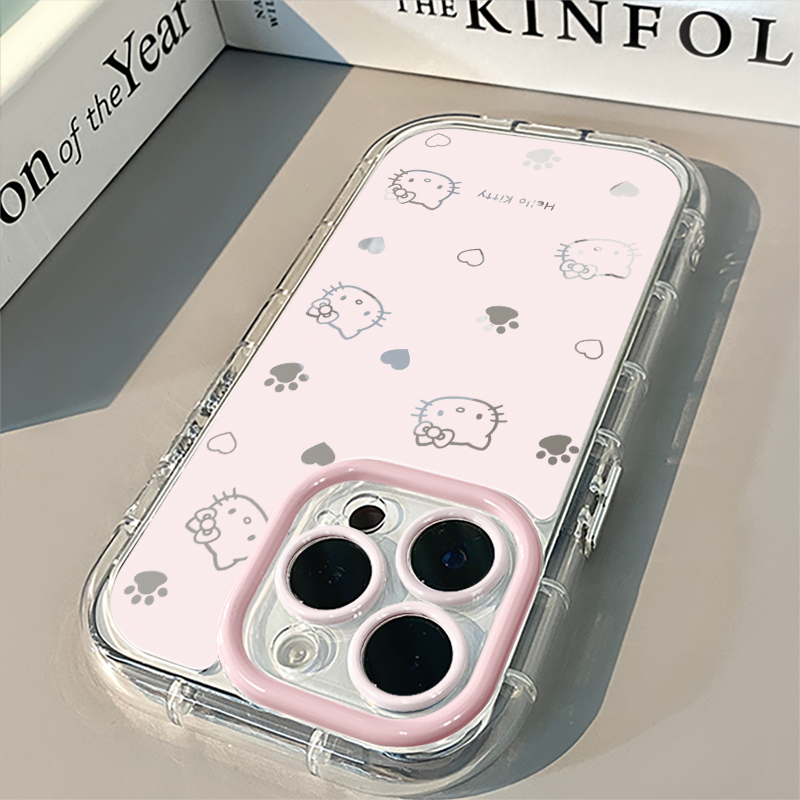 爱心kitty线条适用于苹果17promax镜面奶油壳iPhone16手机壳华为p可爱小米15防摔潮流保护套mate70小众 - 图0