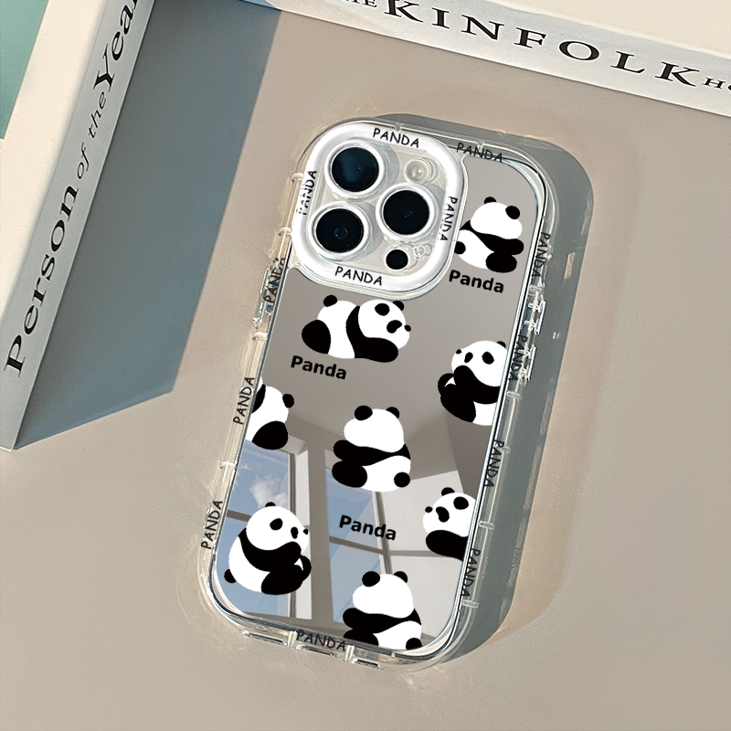 ins创意多只熊猫镜面适用于华为奶油壳oppo苹果15新iPhone14/12/11promax手机壳真我红米小米13pro/ultra - 图2
